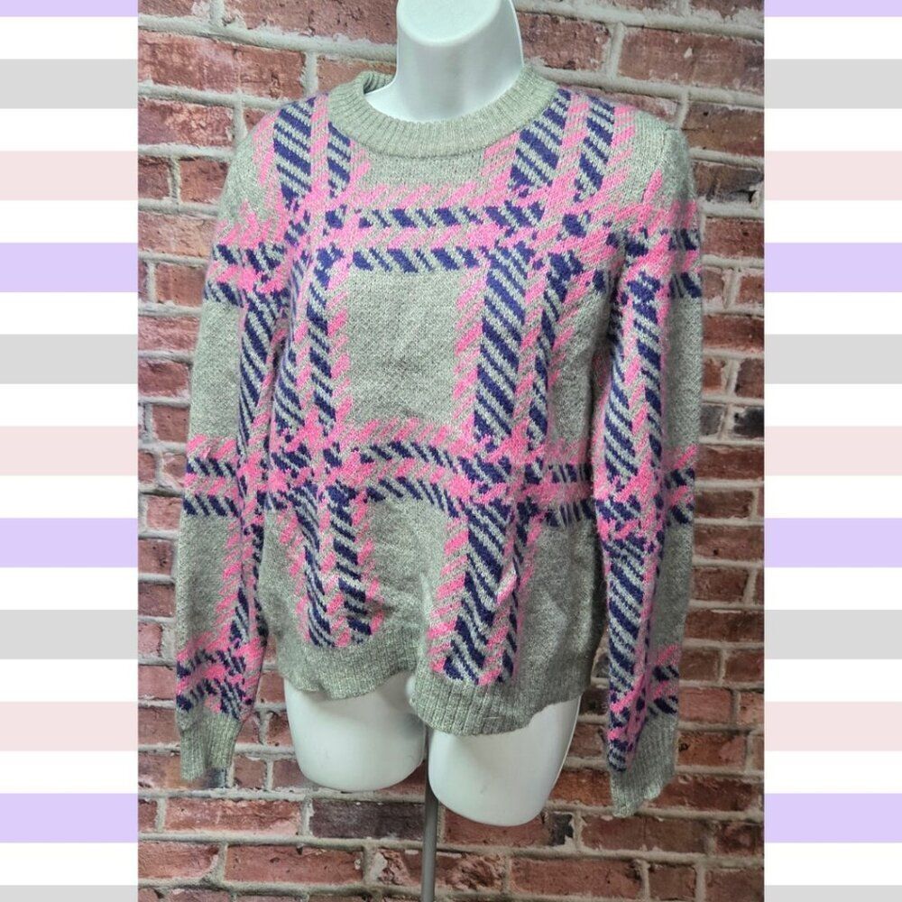 Jun & Ivy Plaid Knit Sweater – Women’s Size Medium – Gray & Pink – Crew Neck